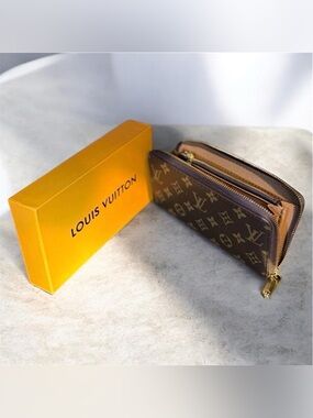 Louis Vuitton Brown Monogram Zip Wallet with Gold Hardware